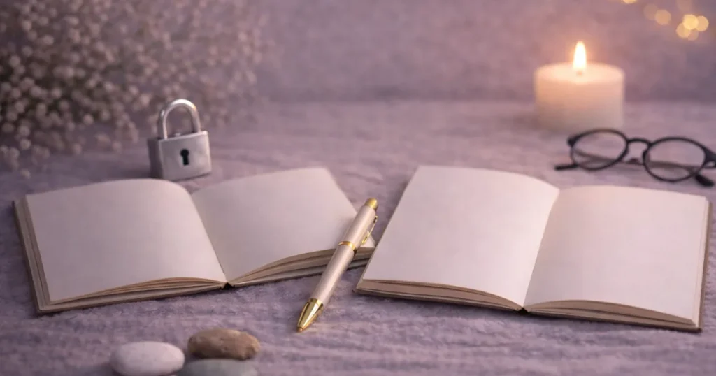 明るめの夜の布の上に、無地のノートが2冊開かれて置かれ、金色のペンと小石、キャンドルの灯り、かすみ草、柔らかなボケ光がある静かな写真。