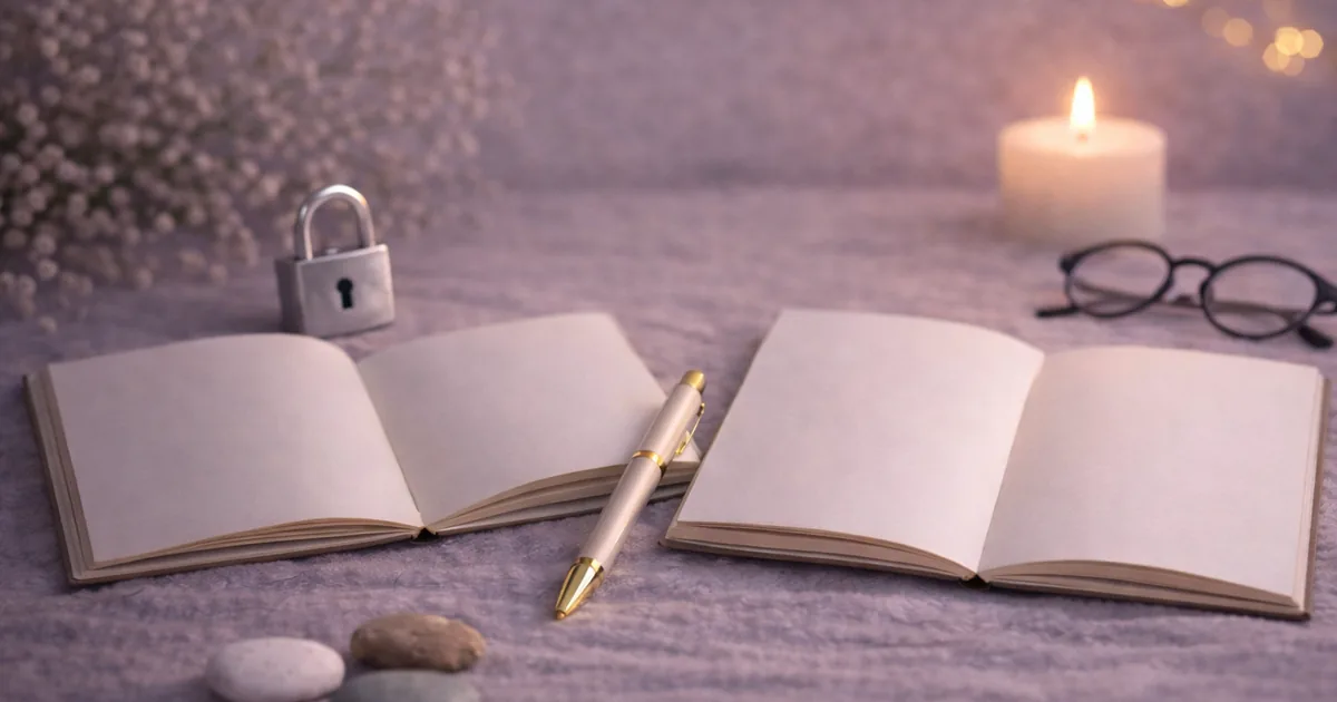 明るめの夜の布の上に、無地のノートが2冊開かれて置かれ、金色のペンと小石、キャンドルの灯り、かすみ草、柔らかなボケ光がある静かな写真。