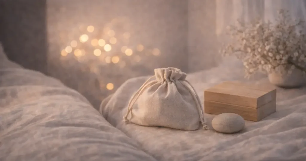 明るめの夜の布の上に、ベージュの巾着袋と木の小箱、丸い石が置かれ、奥にボケ光と薄いカーテンがやわらかく写る静かな写真。
