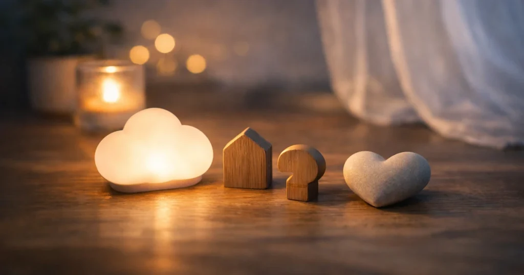 明るめの夜の木のテーブルに、雲形の小さな置き物と木の小物、丸い石が並び、奥にキャンドルの灯りがぼけて写る静かな写真。