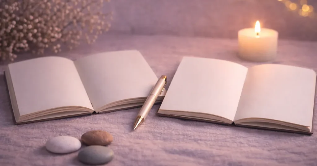 明るめの夜の布の上に、開いた2冊の無地ノートと金色のペン、3つの小石、キャンドルの灯りが置かれた静かな写真。