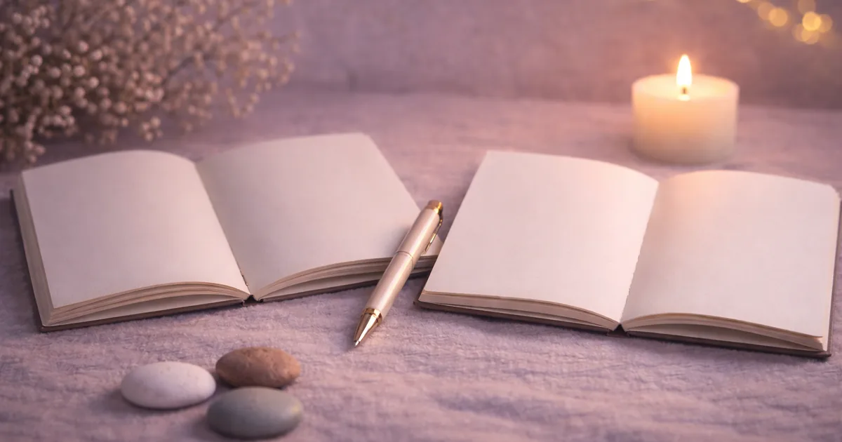 明るめの夜の布の上に、開いた2冊の無地ノートと金色のペン、3つの小石、キャンドルの灯りが置かれた静かな写真。
