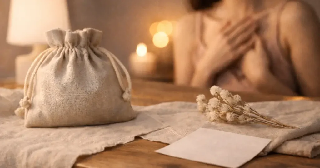 明るめの夜の木のテーブルに、ベージュの巾着袋と白いドライフラワー、無地の紙が置かれ、奥にボケ光とぼかした人影がやわらかく写る静かな写真。