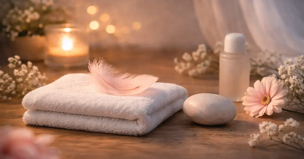 明るめの夜の木のテーブルに、白いタオルと淡い羽根、丸い石が置かれ、奥にキャンドルの灯りと小さな花がぼけて写る静かな写真。