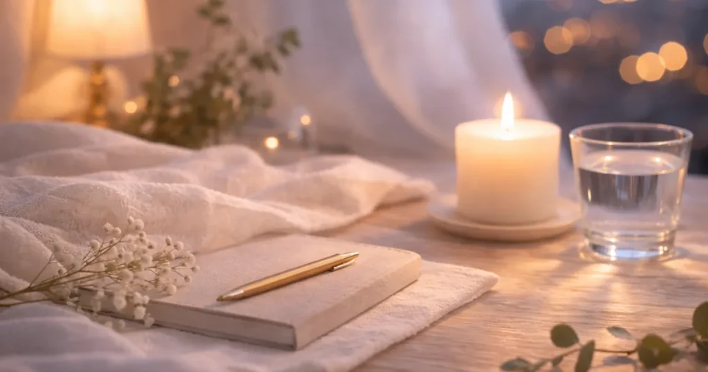 明るめの夜のテーブルに、白い布とノート、金色のペン、キャンドルの灯りと水のグラスが置かれ、背景に柔らかなボケ光がある静かな写真。