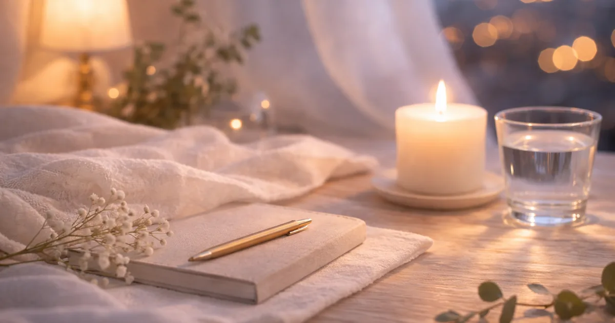 明るめの夜のテーブルに、白い布とノート、金色のペン、キャンドルの灯りと水のグラスが置かれ、背景に柔らかなボケ光がある静かな写真。