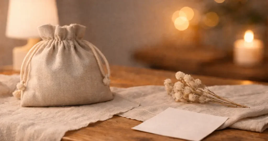 明るめの夜の木のテーブルに、ベージュの巾着袋と白いドライフラワー、無地の紙が置かれ、奥にボケ光と小さな灯りがやわらかく写る静かな写真。