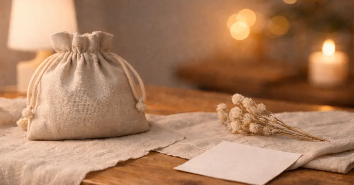 明るめの夜の木のテーブルに、ベージュの巾着袋と白いドライフラワー、無地の紙が置かれ、奥にボケ光と小さな灯りがやわらかく写る静かな写真。