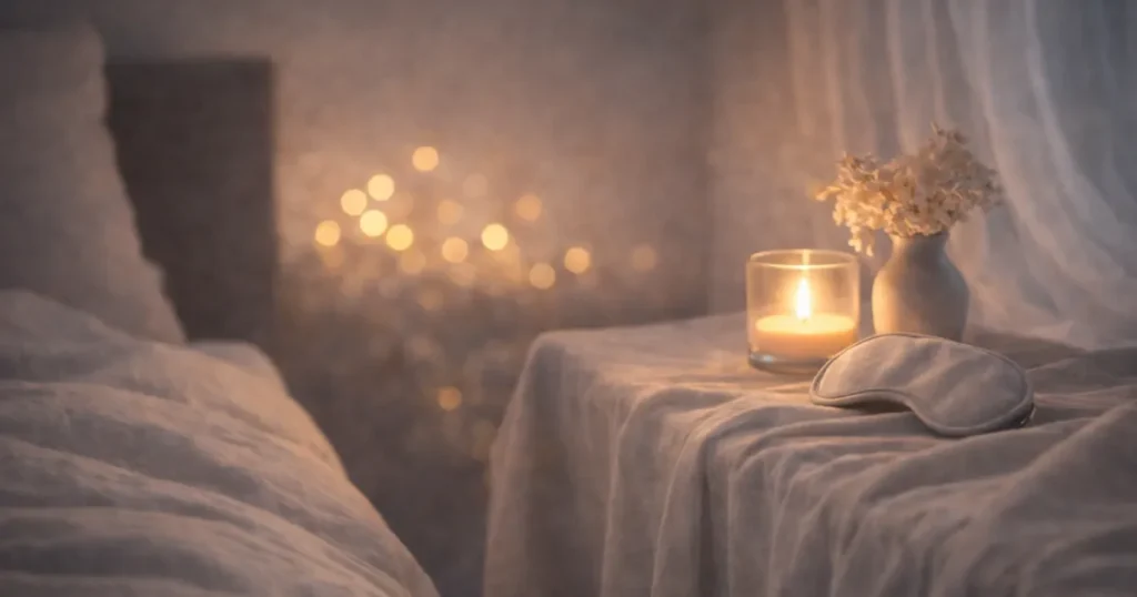 明るめの夜の寝室の一角で、布をかけたテーブルの上にキャンドルと花瓶、アイマスクが置かれ、奥にやわらかなボケ光が写る静かな写真。