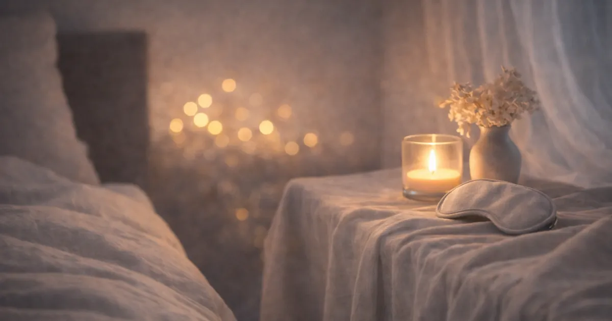 明るめの夜の寝室の一角で、布をかけたテーブルの上にキャンドルと花瓶、アイマスクが置かれ、奥にやわらかなボケ光が写る静かな写真。