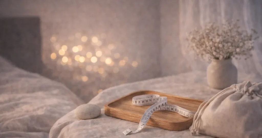 明るめの夜の布の上に、木のトレイと白いメジャーが置かれ、そばに丸い石と巾着袋、奥にボケ光と花瓶がやわらかく写る静かな写真。
