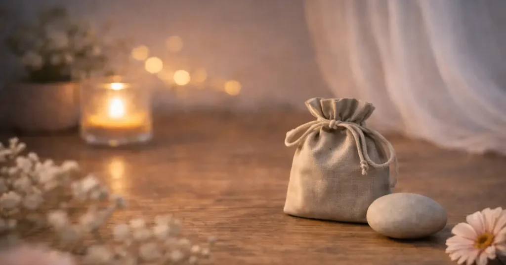 明るめの夜の木のテーブルに、布の巾着袋と丸い石が置かれ、奥にキャンドルの灯りとボケ光がやわらかく写る静かな写真。