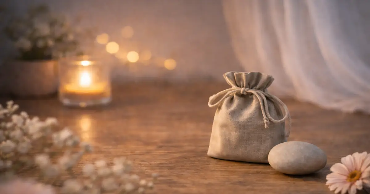 明るめの夜の木のテーブルに、布の巾着袋と丸い石が置かれ、奥にキャンドルの灯りとボケ光がやわらかく写る静かな写真。