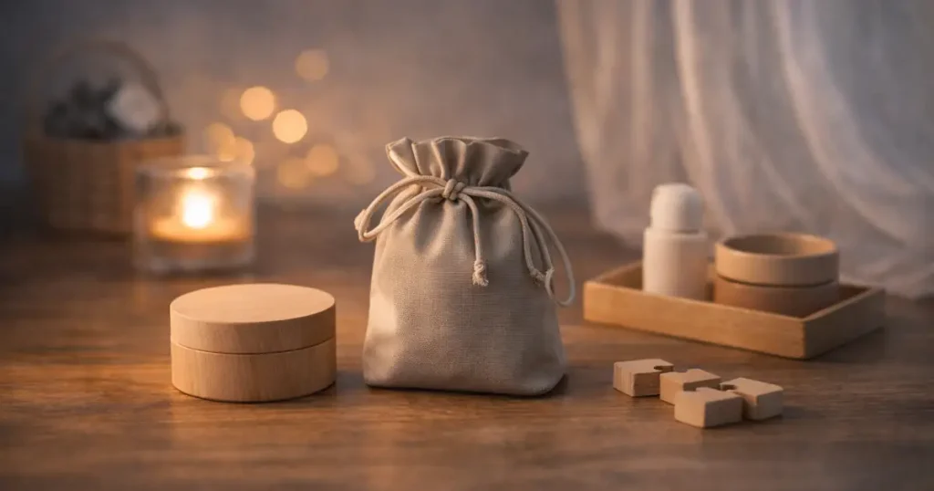 明るめの夜の木のテーブルに、布の巾着袋と丸い木箱が置かれ、奥にキャンドルの灯りと小さなボケ光がやわらかく写る静かな写真。