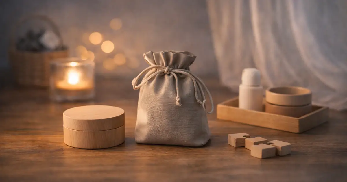 明るめの夜の木のテーブルに、布の巾着袋と丸い木箱が置かれ、奥にキャンドルの灯りと小さなボケ光がやわらかく写る静かな写真。