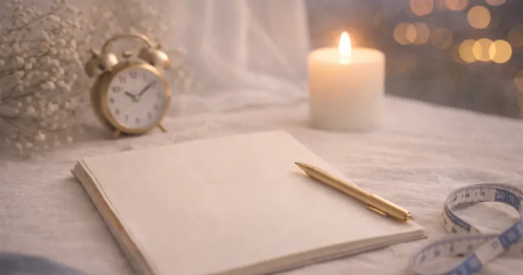 キャンドルの灯りがある明るめの夜のテーブルに、白いノートと金色のペン、アンティーク時計と小さな花が置かれた落ち着いた写真。