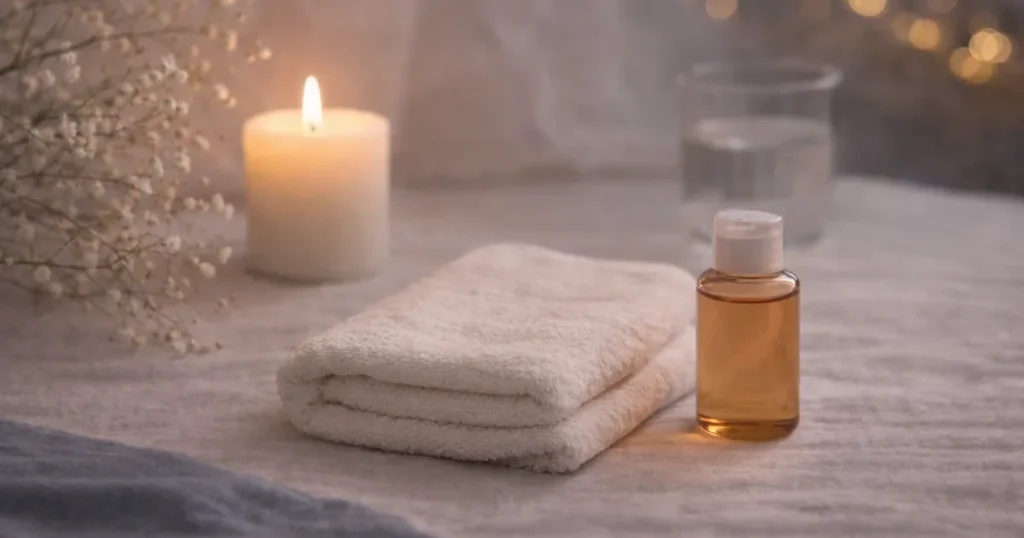 明るめの夜のテーブルに、白いタオルと小さなボトルが置かれ、奥にキャンドルの灯りとかすみ草、柔らかなボケ光がある静かな写真。