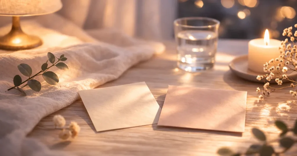 明るめの夜の木のテーブルに、色味の違う2枚の無地の紙が並び、そばにキャンドルの灯りと水のグラス、布と植物が置かれた静かな写真。