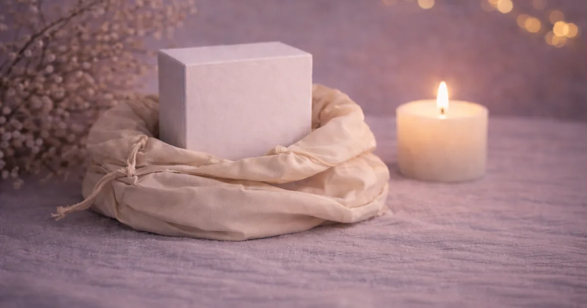 明るめの夜の布の上に、白い箱がベージュの巾着に収まるように置かれ、奥にキャンドルの灯りとかすみ草、柔らかなボケ光がある静かな写真。
