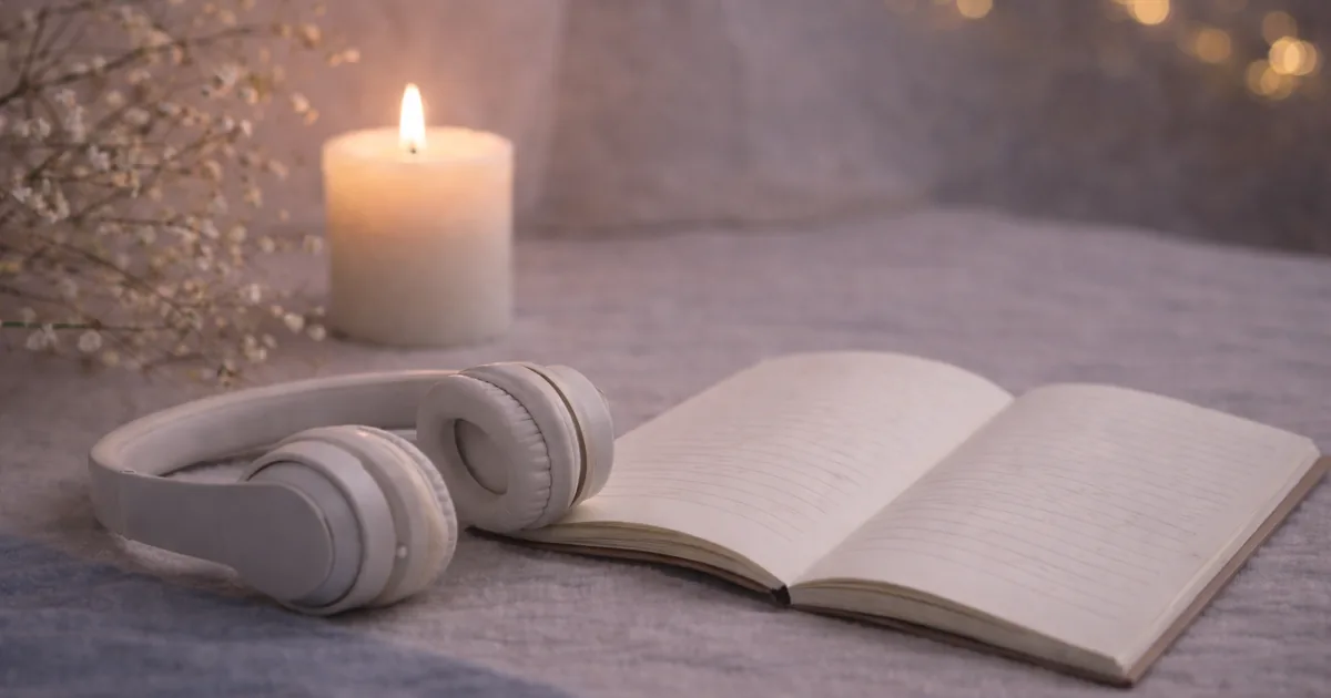 明るめの夜の布の上に、白いヘッドホンと開いたノートが寄り添うように置かれ、奥にキャンドルの灯りとかすみ草、柔らかなボケ光がある静かな写真。