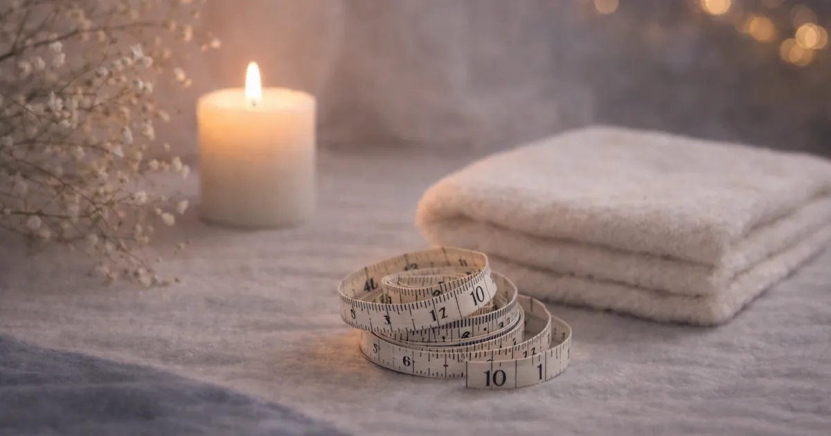 明るめの夜の布の上に、巻き尺がやわらかく置かれ、横に折りたたんだ白いタオルとキャンドルの灯り、背景に小さなボケ光がある静かな写真。