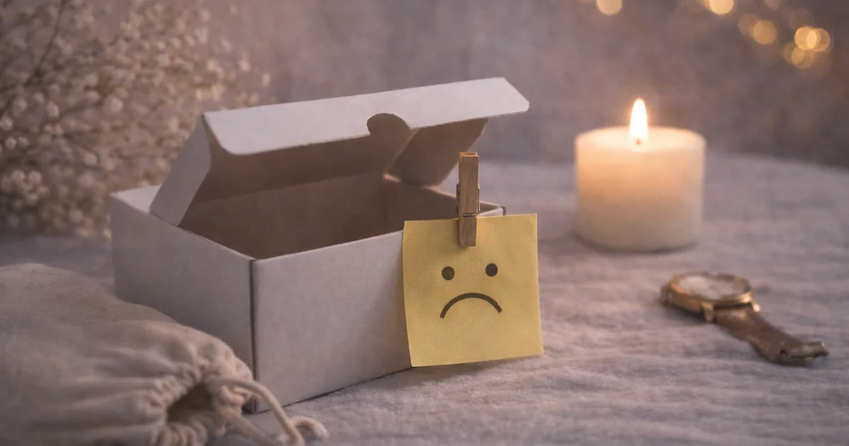 明るめの夜の布の上に、ふたの開いた白い箱と巾着袋が置かれ、奥にキャンドルの灯りと柔らかなボケ光がある静かな写真。