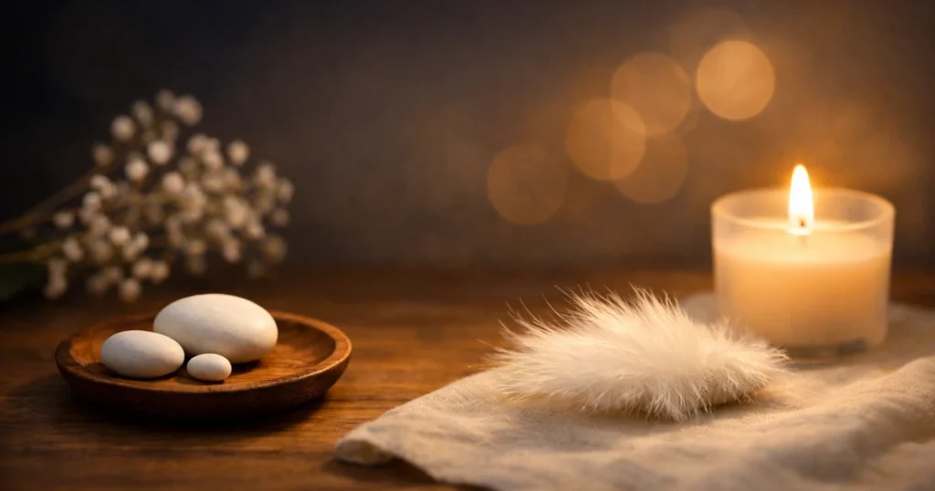 明るめの夜の木のテーブルに、小さな木皿の上の白い石、やわらかな布、白い羽毛、キャンドルが静かに置かれ、奥に淡いボケ光が広がる写真。