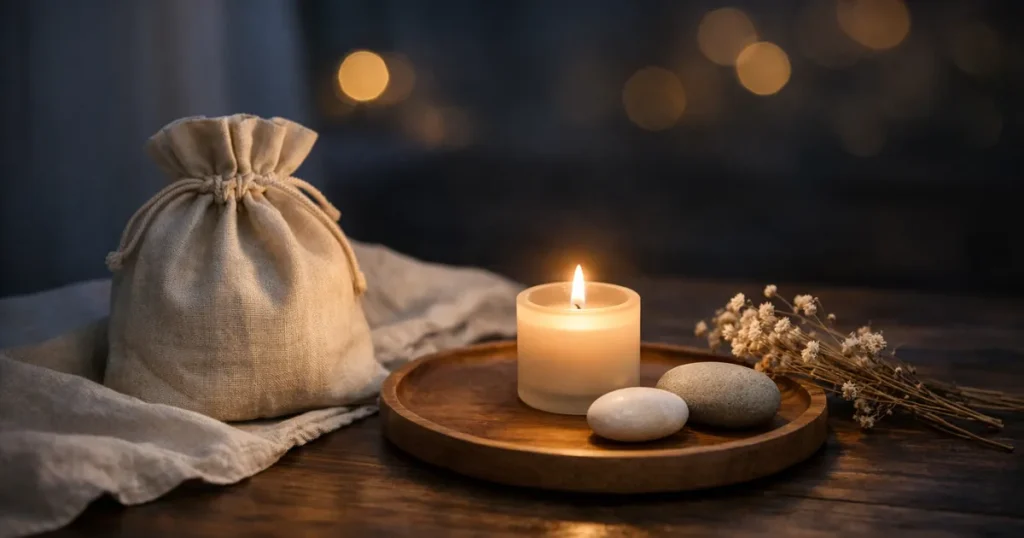 明るめの夜の木のテーブルに、ベージュの巾着袋、丸い石、木のトレイの上のキャンドル、ドライフラワーが静かに置かれ、奥にやわらかなボケ光が広がる写真。