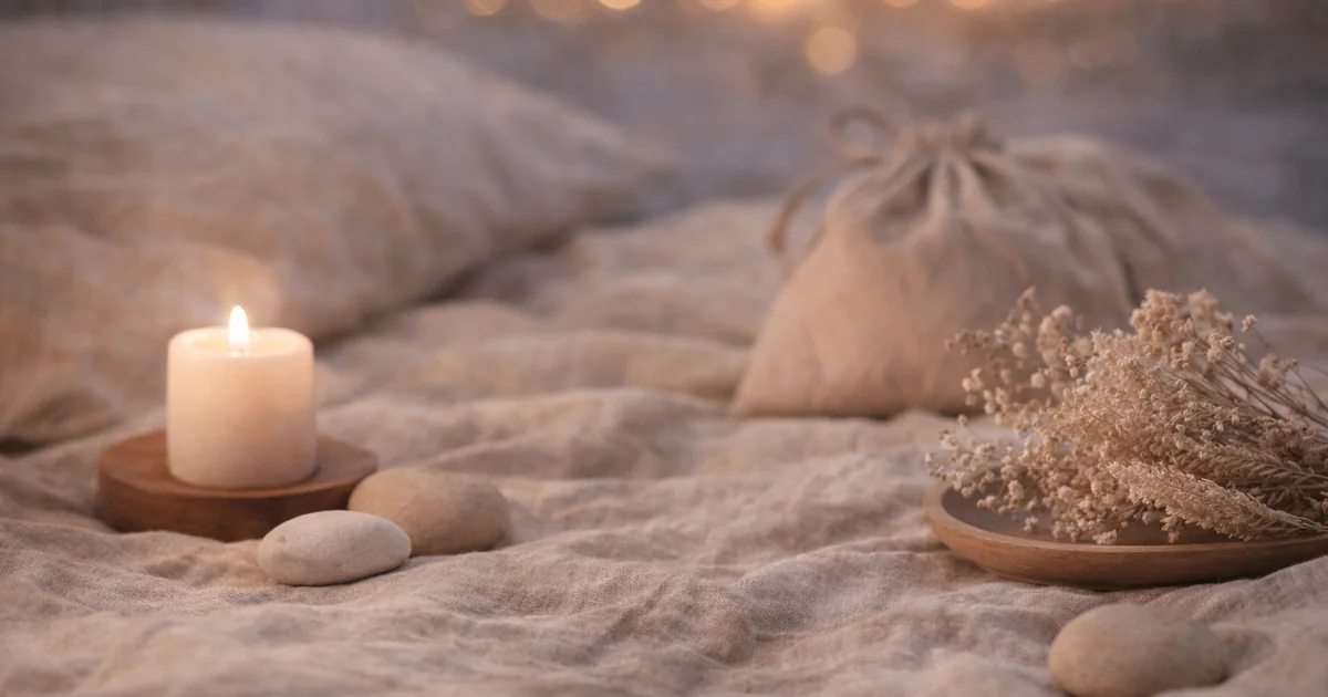 明るめの夜のリネンの上に、木の台に載ったキャンドル、丸い石、ベージュの巾着、木皿に置かれたドライフラワーが静かに並び、奥にやわらかなボケ光が広がる写真。