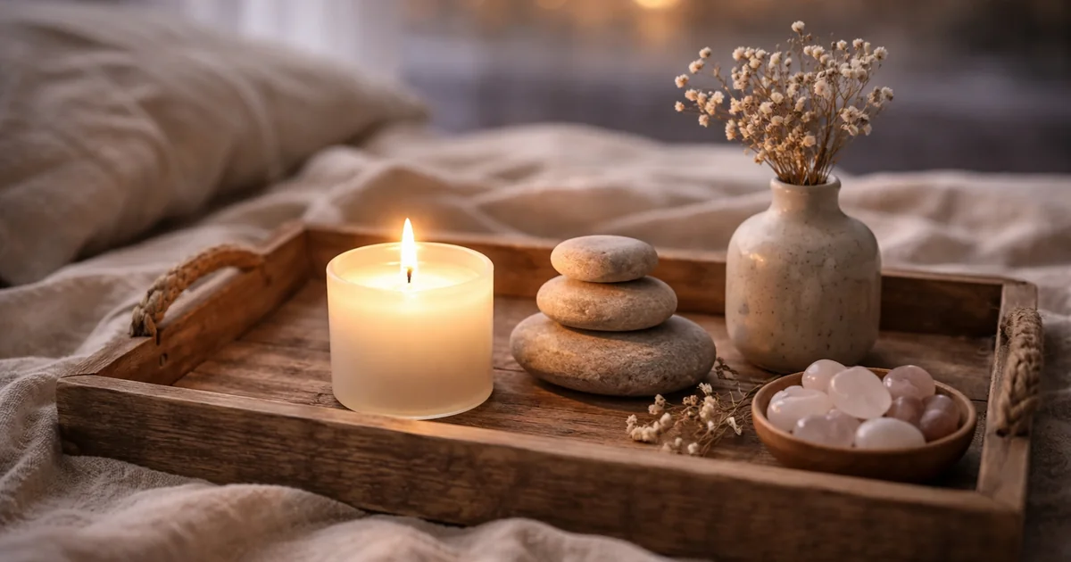 明るめの夜のリネンの上に置かれた木のトレイに、キャンドル、積まれた丸い石、小さな器、白い花を挿した陶器の花瓶が静かに並び、奥にやわらかなボケ光が広がる写真。