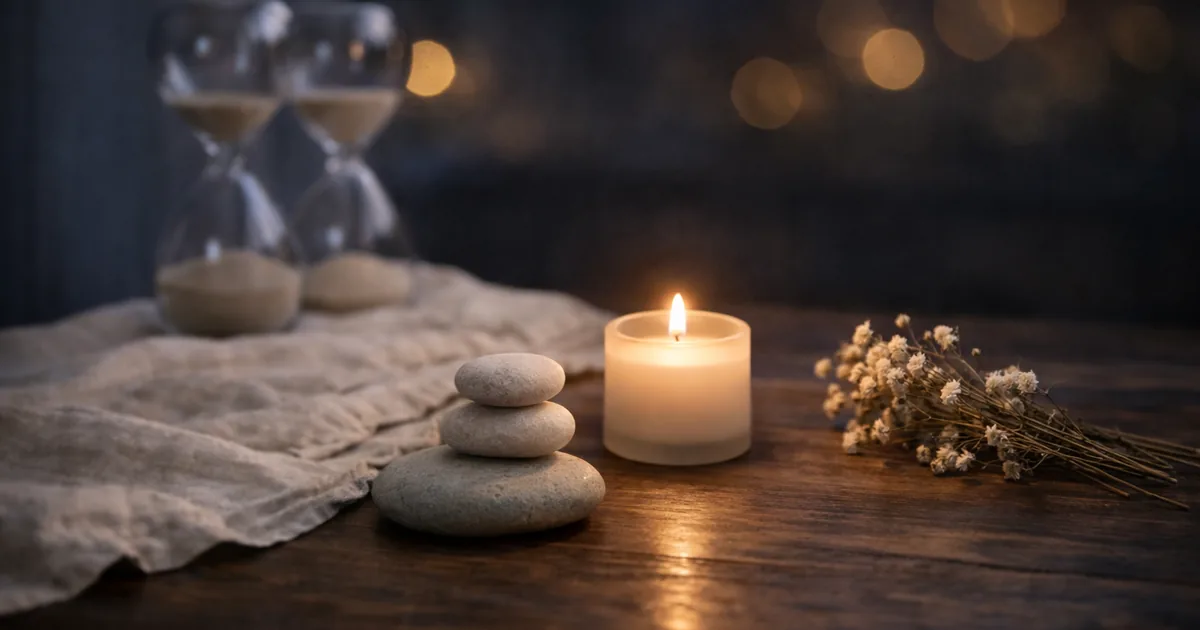 明るめの夜の木のテーブルに、積まれた丸い石、キャンドル、ドライフラワーが静かに置かれ、奥のリネン布とやわらかなボケ光が落ち着いた雰囲気をつくる写真。