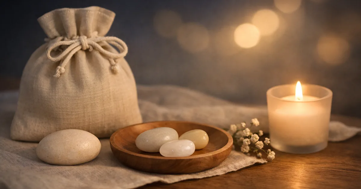 明るめの夜の木のテーブルに、ベージュの巾着袋と丸い石、小さな木皿、キャンドルが静かに並び、やわらかなボケ光が奥に広がる写真。