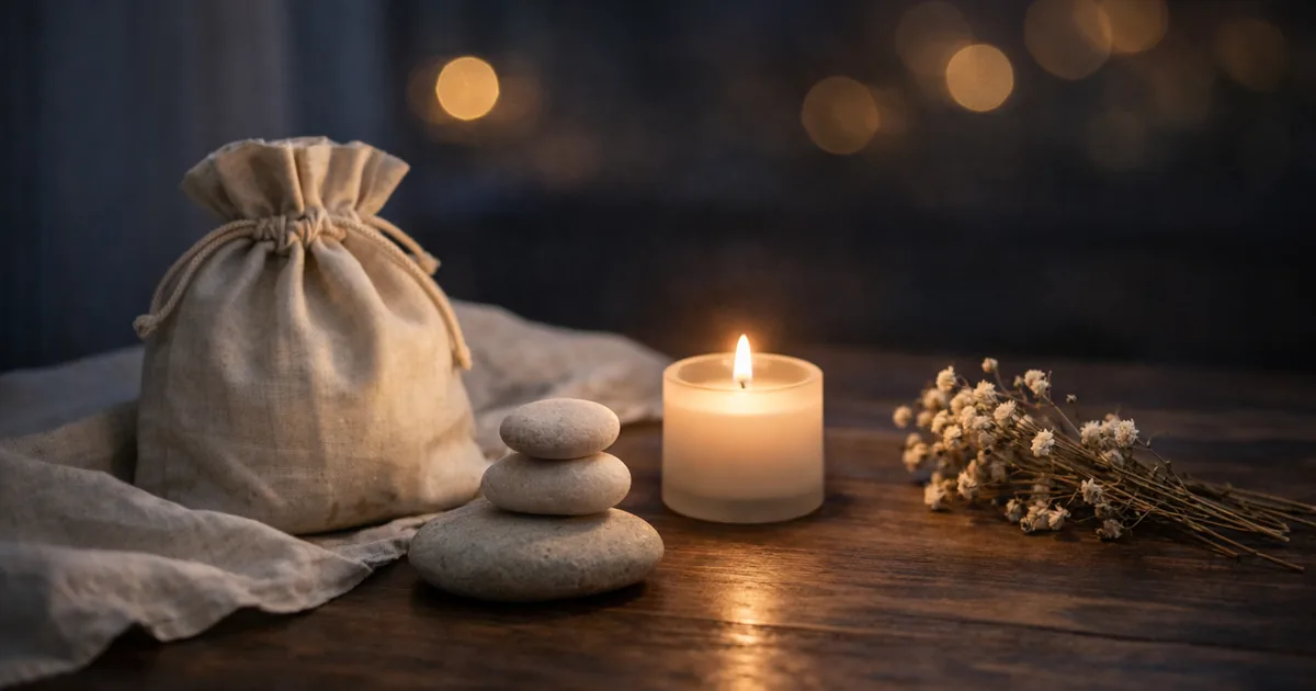 明るめの夜の木のテーブルに、ベージュの巾着袋、積まれた丸い石、キャンドル、ドライフラワーが静かに置かれ、奥にやわらかなボケ光が広がる写真。