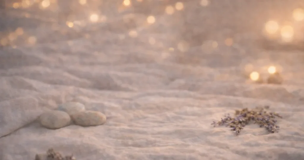 明るめの夜のリネンの上に、丸い石と小さなラベンダーの束が置かれ、奥にボケ光がやわらかく広がる静かな写真。