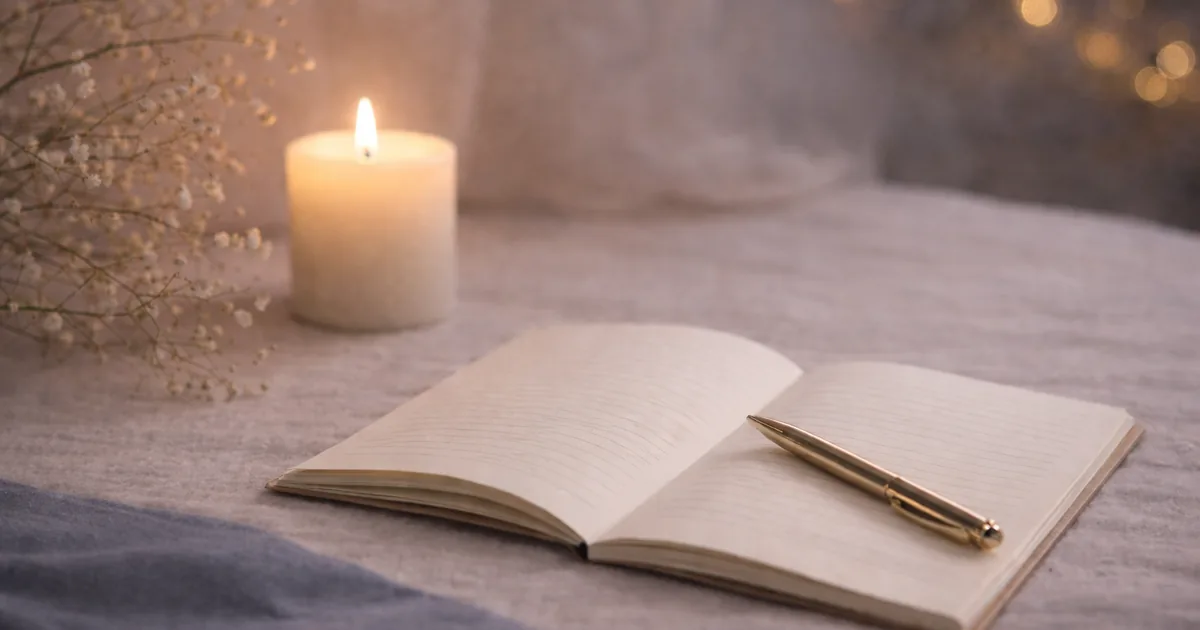 明るめの夜のテーブルに、白い布の上で開いたノートと金色のペン、キャンドルの灯り、かすみ草が静かに置かれ、背景に柔らかなボケ光がある写真。