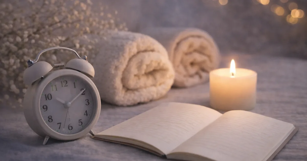 明るめの夜の布の上に、白い目覚まし時計と丸めた白いタオル、キャンドルの灯り、開いたノートが置かれ、背景に柔らかなボケ光がある静かな写真。