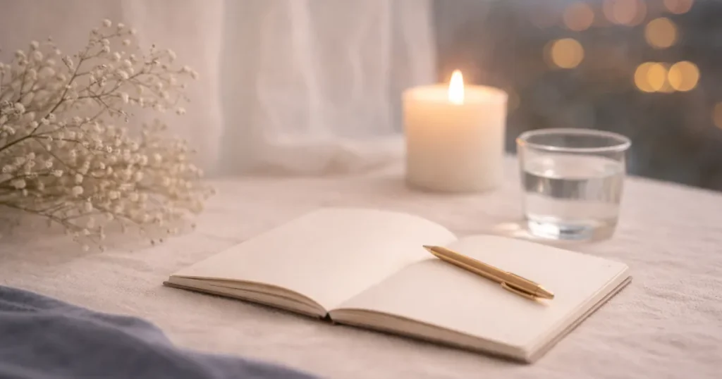白いテーブルクロスの上に開いたノートと金色のペンが置かれ、奥にキャンドルの灯りと水のグラス、カーテン越しの柔らかな光がある静かな夜の写真。