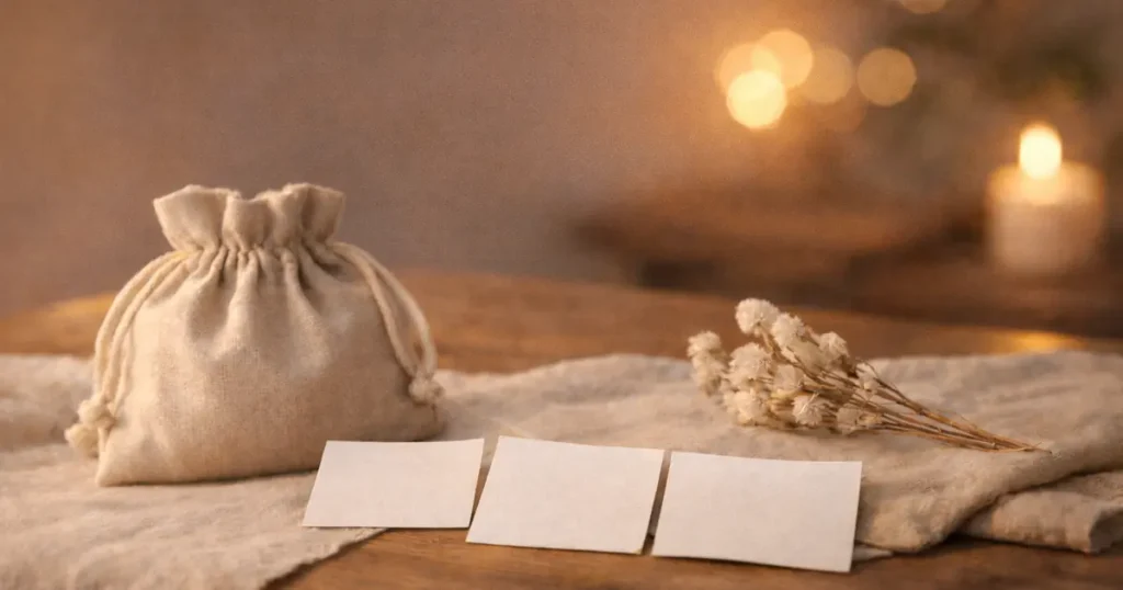 明るめの夜の木のテーブルに、ベージュの巾着袋と無地の白いカード3枚、白いドライフラワーが置かれ、奥にボケ光と小さな灯りがやわらかく写る静かな写真。