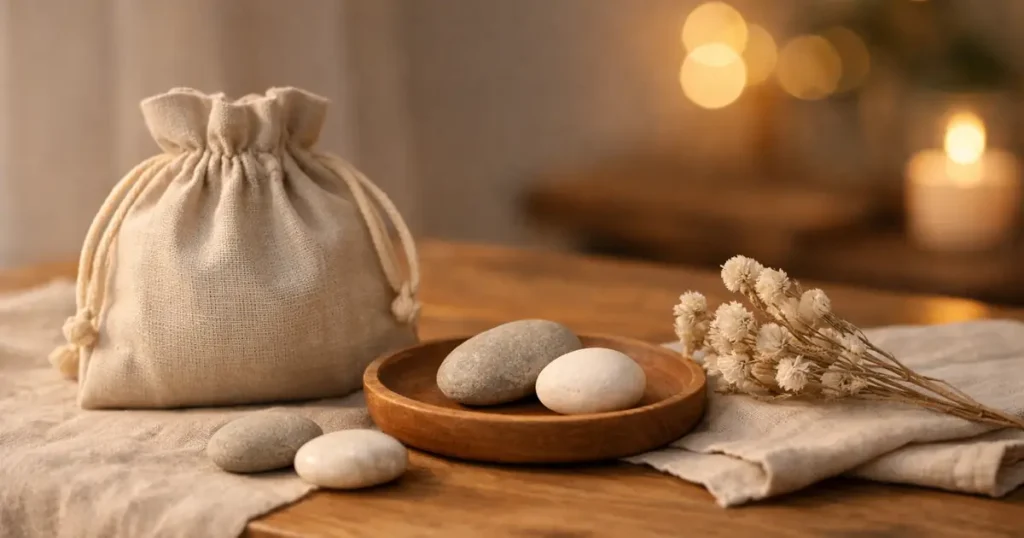明るめの夜の木のテーブルに、ベージュの巾着袋と丸い石の乗った木皿、白いドライフラワーが置かれ、奥にボケ光と小さな灯りがやわらかく写る静かな写真。