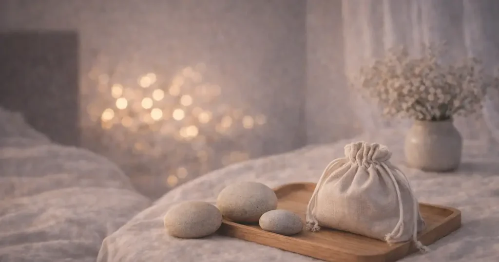 明るめの夜の布の上に、ベージュの巾着袋と大きさの違う丸い石が置かれ、奥にボケ光と白い花がやわらかく写る静かな写真。