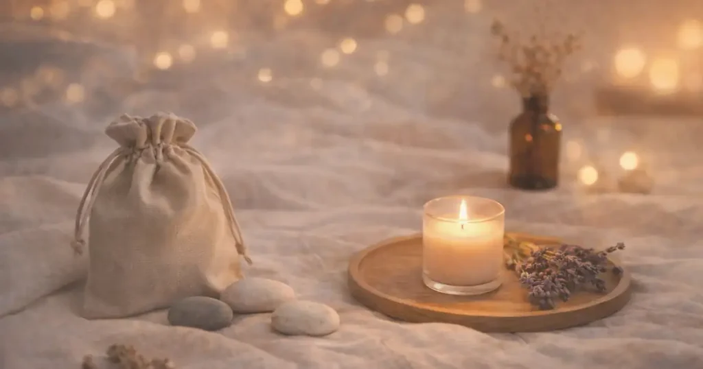 明るめの夜のリネンの上に、ベージュの巾着袋と丸い石、木のトレイに置いたキャンドルとドライフラワーがあり、奥にボケ光がやわらかく写る静かな写真。