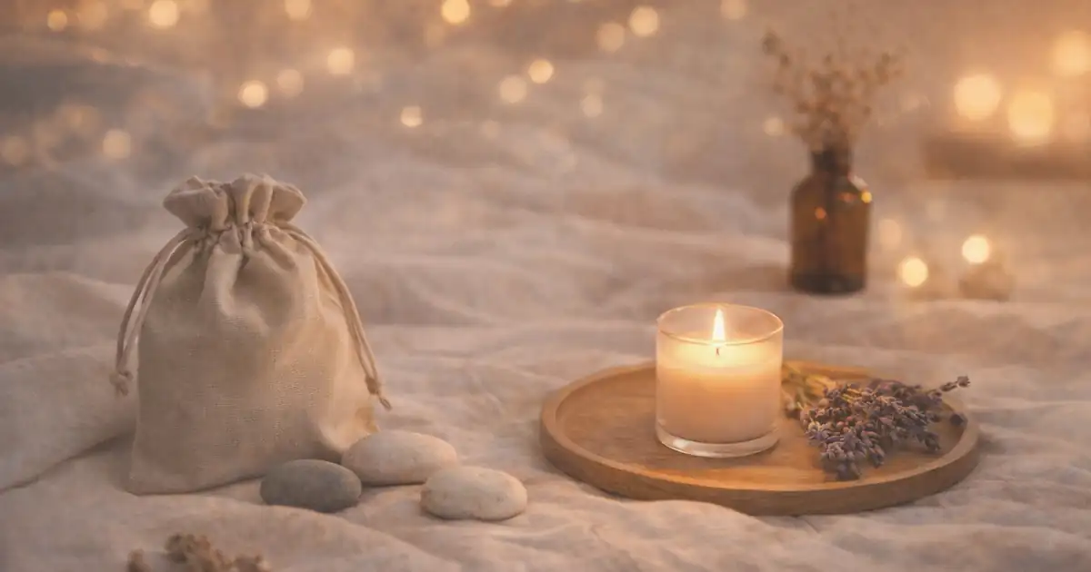 明るめの夜のリネンの上に、ベージュの巾着袋と丸い石、木のトレイに置いたキャンドルとドライフラワーがあり、奥にボケ光がやわらかく写る静かな写真。