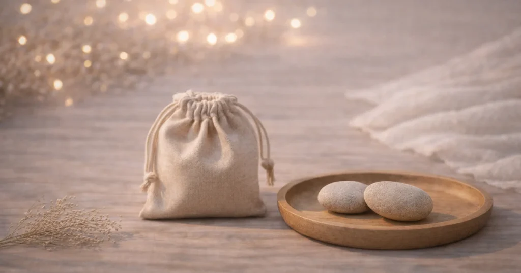 明るめの夜の木のテーブルに、ベージュの巾着と木のトレイの上の丸い石が置かれ、そばに少量のドライフラワーとやわらかな布、奥にやさしいボケ光が広がる静かな静物写真。