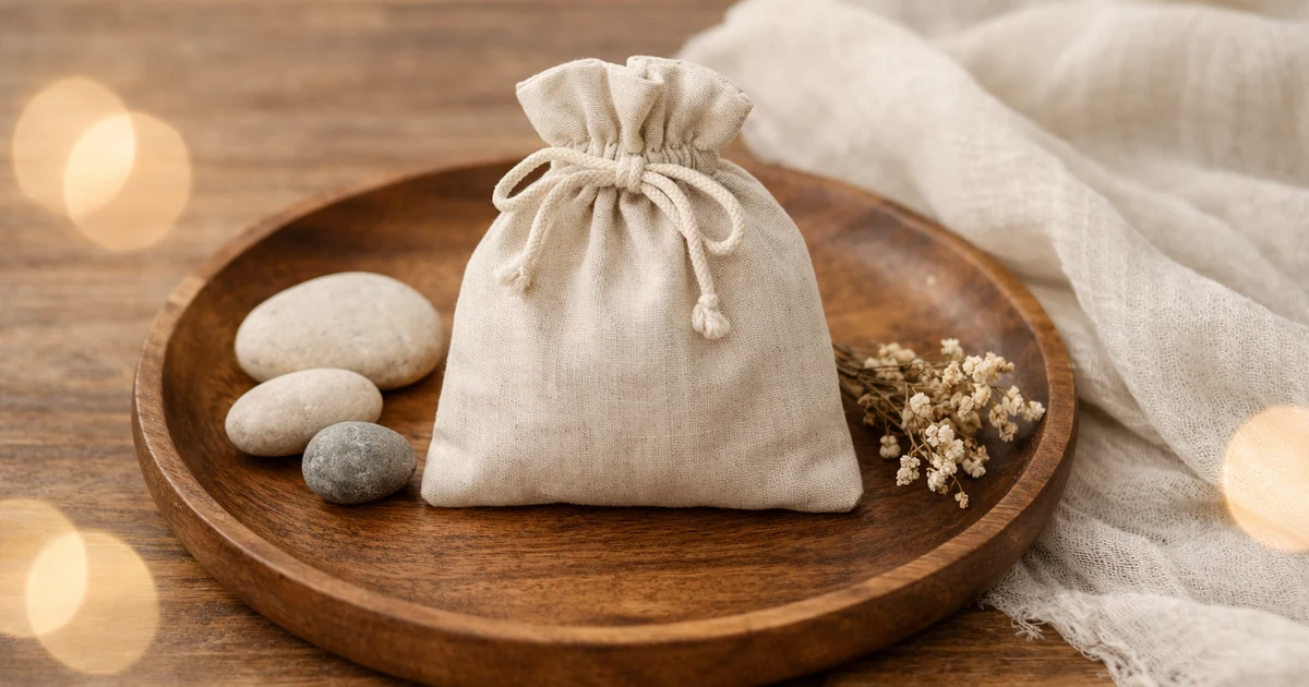 明るめの夜の木のテーブルに、木のトレイの上のベージュの巾着と丸い石が置かれ、そばに少量のドライフラワーとやわらかな布が添えられた静かな静物写真。