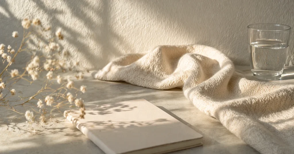 明るめの夜のやわらかな空間に、白い布とガラスのコップ、少量のドライフラワーが置かれた静かな静物写真。