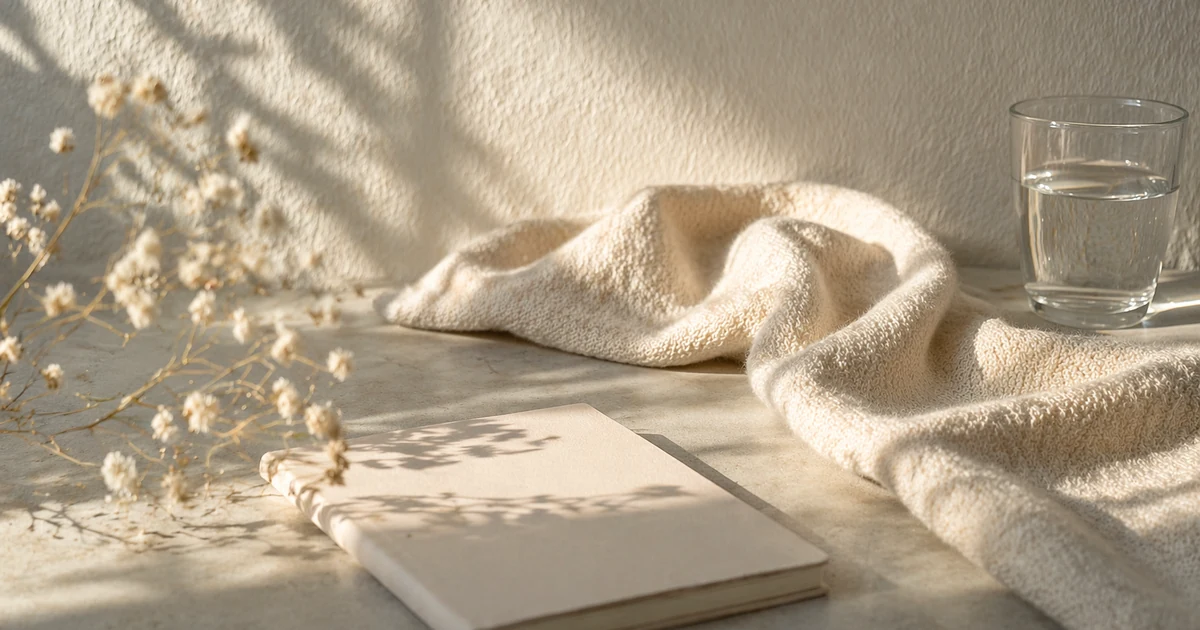 明るめの夜のやわらかな空間に、白い布とガラスのコップ、少量のドライフラワーが置かれた静かな静物写真。