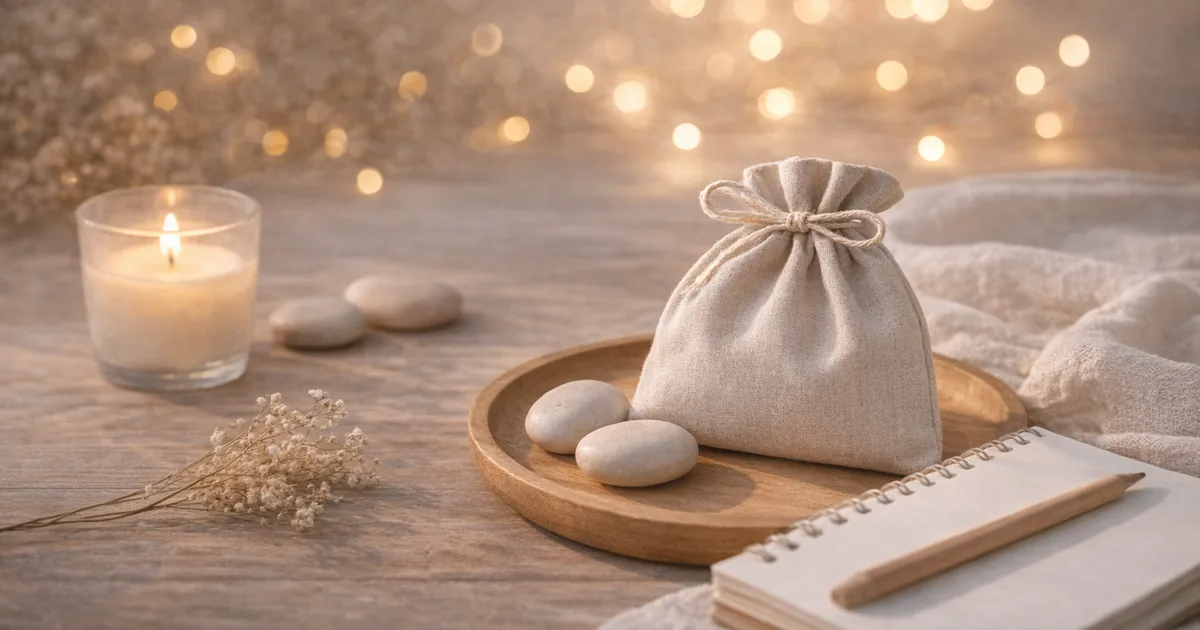 明るめの夜の木のテーブルに、木のトレイの上のベージュの巾着と丸い石が置かれ、左にキャンドル、右下にノートが見える静かな静物写真。