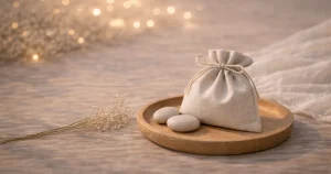 明るめの夜の木のテーブルに、木のトレイの上のベージュの巾着と丸い石、そばに少量のドライフラワーが置かれ、やわらかなボケ光が広がる静かな静物写真。