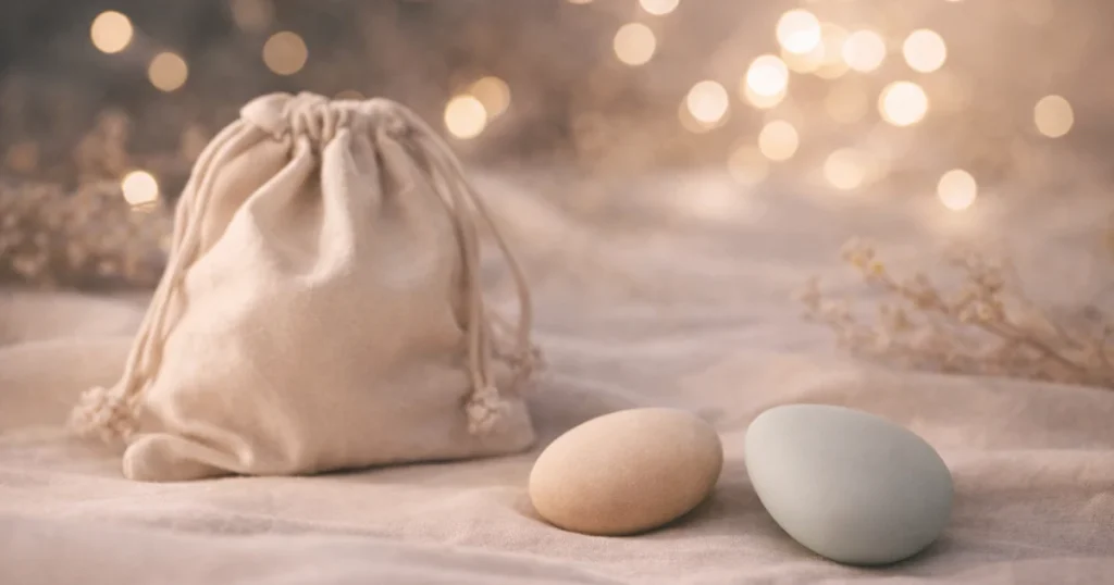 明るめの夜のリネンの上に、ベージュの巾着と丸い石が置かれ、やわらかなボケ光が広がる静かな静物写真。