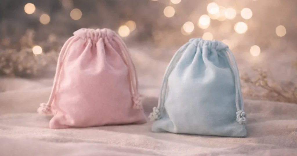 明るめの夜のリネンの上に、淡いピンクと淡いブルーの巾着が並び、やわらかなボケ光が広がる静かな静物写真。